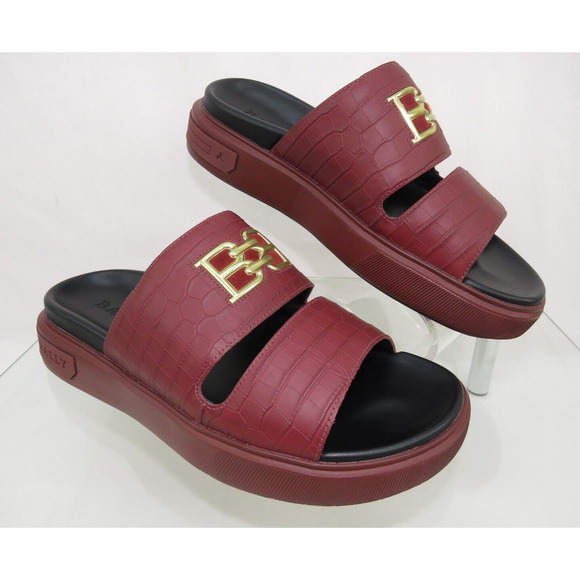 NIB BALLY JYM MAROON CROC PRINT LEATHER B CHAIN GOLD LOGO SANDALS SLIDES 9 D main image 4